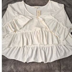 NWT Francescas Cream Ruffle Tiered V-Neck Top Large Slub Knit Boho Peasant